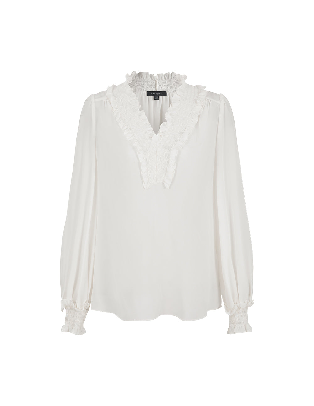 MARYLING V-Neck Ruffle Long-Sleeve Silk Top