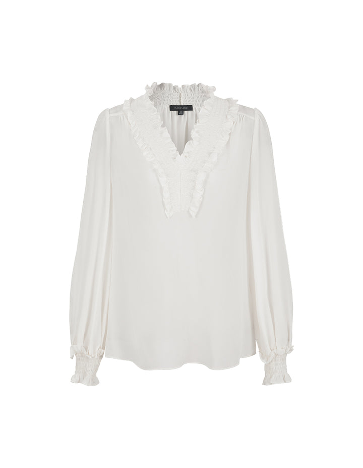 MARYLING V-Neck Ruffle Long-Sleeve Silk Top