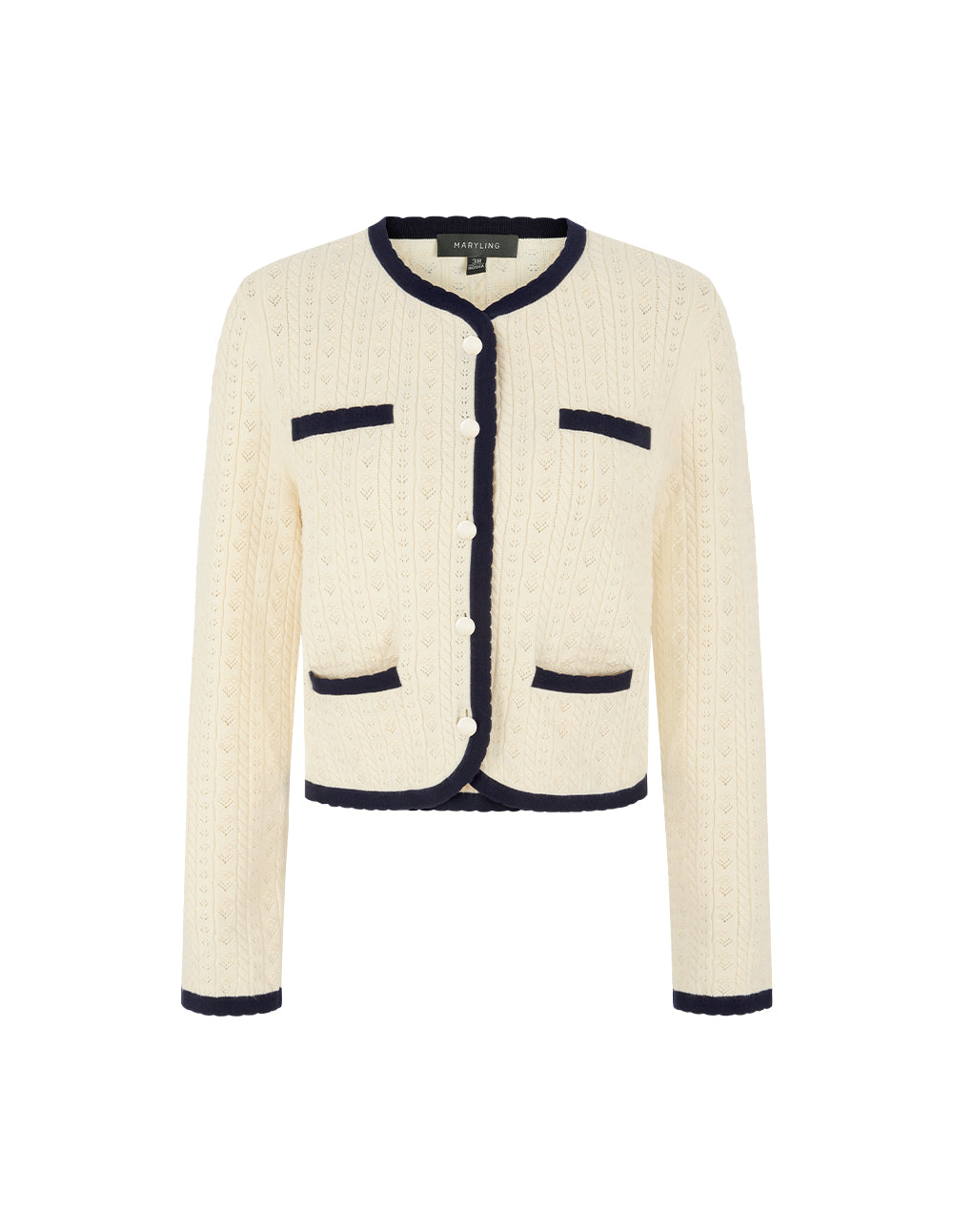 MARYLING Round-Neck Long-Sleeve Black Stripe Trim knitted cardigan