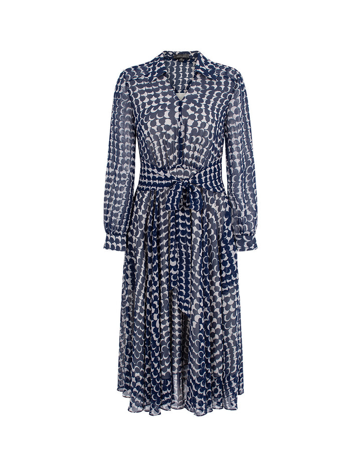 MARYLING Shirt Collar Long-Sleeve Empire Tie-Waist Printed  Midi Dress