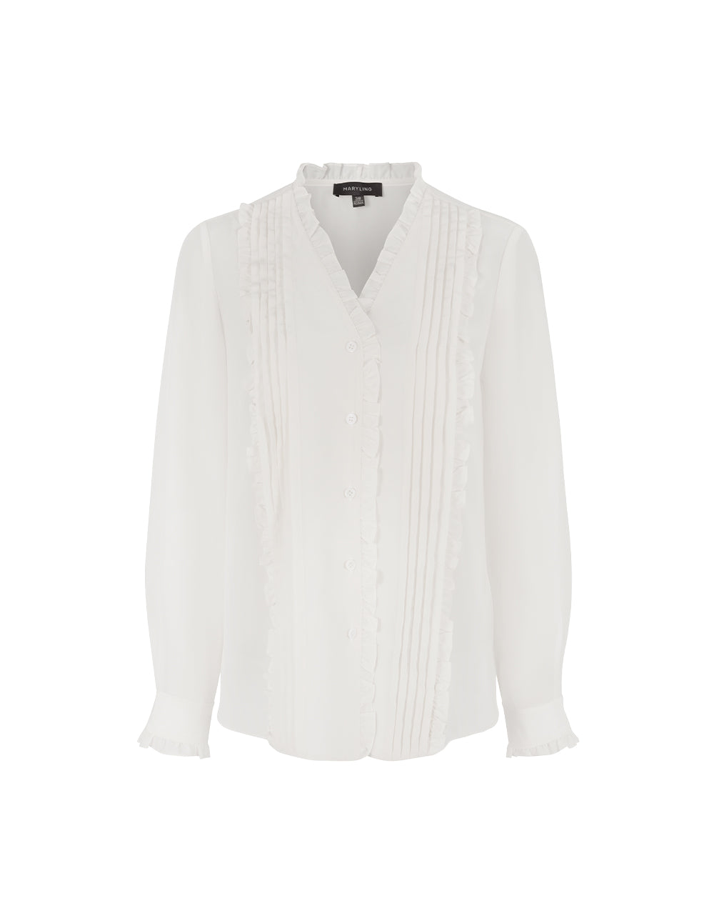 MARYLING V-Neck Long-Sleeve Ruffle-Trim Pin Tuck Silk Blouse