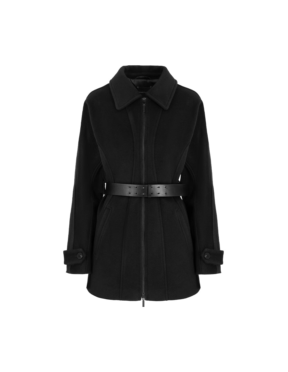 MARYLING Black Lapel Zipper Design Belted Double-Faced Coat