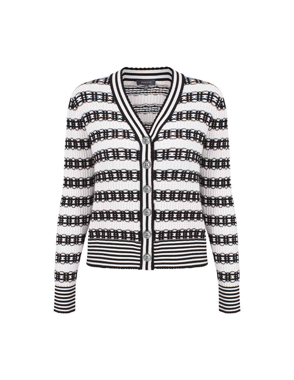 MARYLING V-Neck Long Sleeve Lace Textured Stripe Knit Cardigan