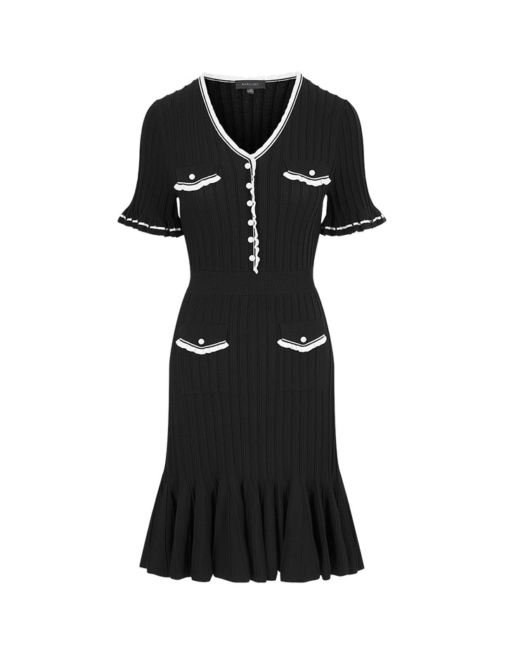 MARYLING Contrast Colour V-Neck Short-Sleeve Knitted Dress