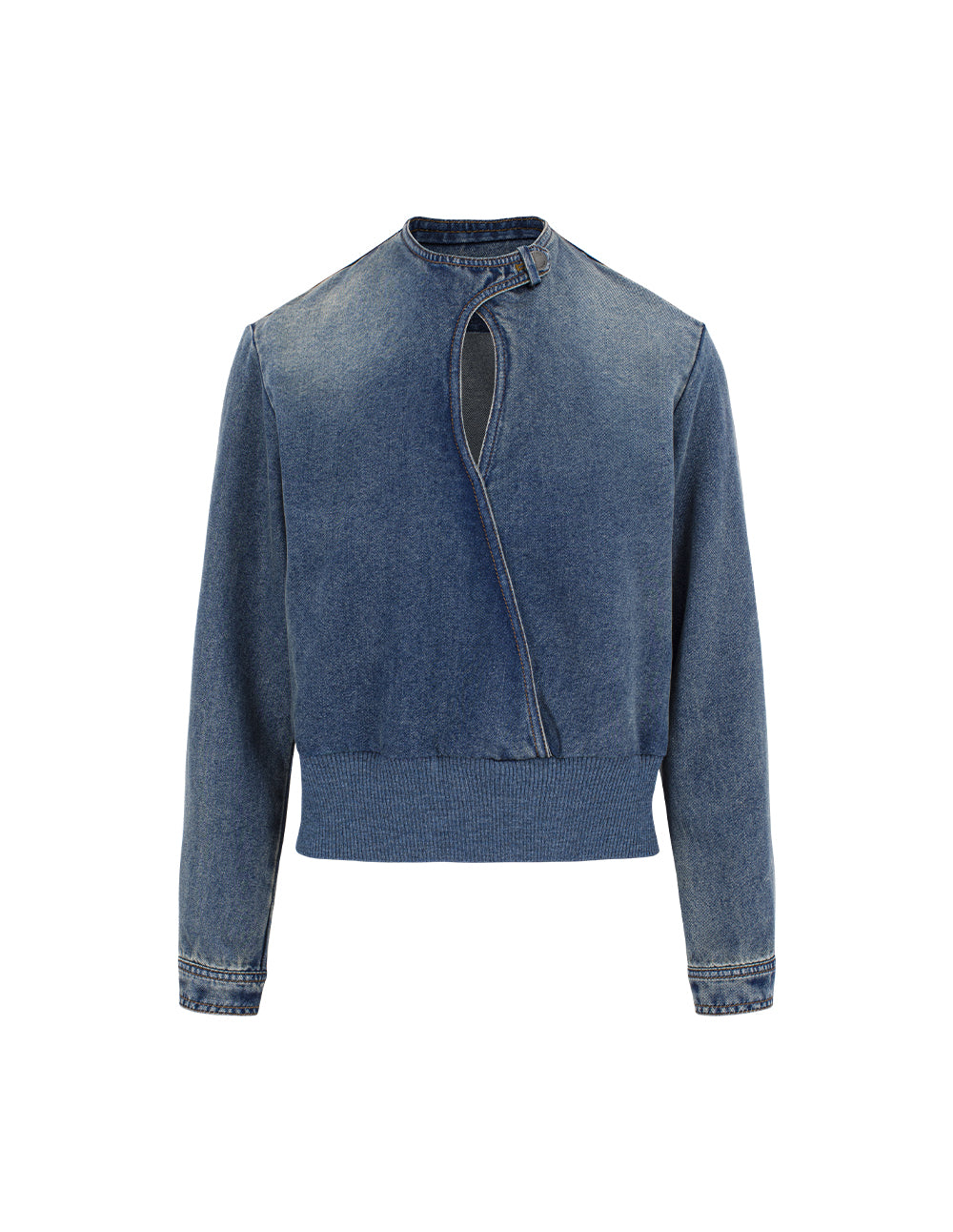 MARYLING Round Neck Hollow Long-Sleeve Cropped Biker Denim Jacket