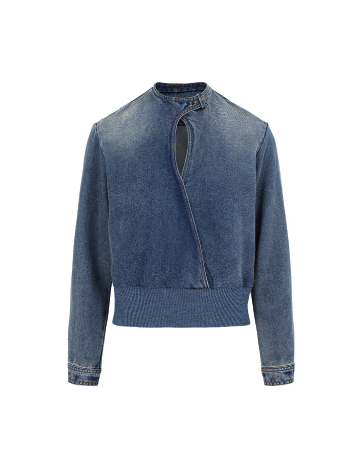 MARYLING Round Neck Hollow Long-Sleeve Cropped Biker Denim Jacket