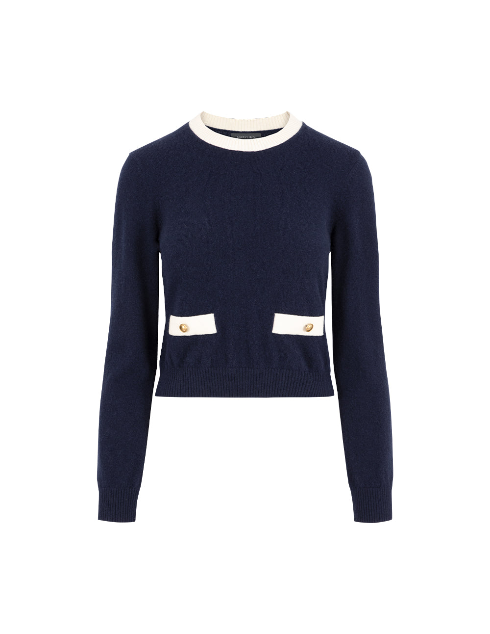 MARYLING Round-Neck Contrast Long-Sleeve Cropped Cashmere Knitted Sweater