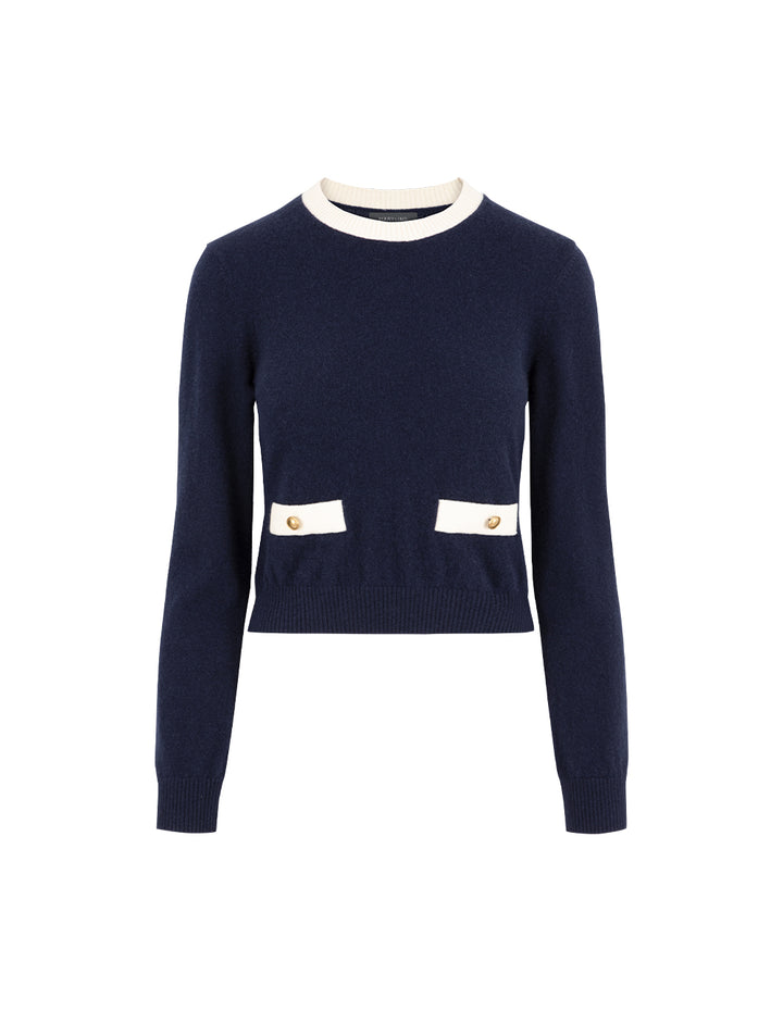 MARYLING Round-Neck Contrast Long-Sleeve Cropped Cashmere Knitted Sweater