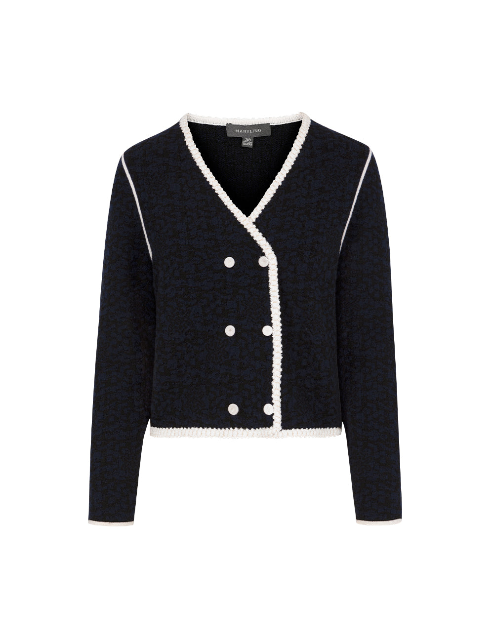 MARYLING V-Neck White Trim Double-Breasted Long-Sleeve Knit Cardigan