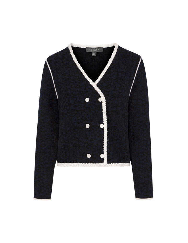 MARYLING V-Neck White Trim Double-Breasted Long-Sleeve Knit Cardigan