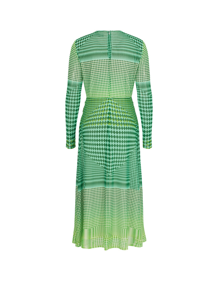 MARYLING Round-Neck Long-Sleeve Grid Print Midi Dress
