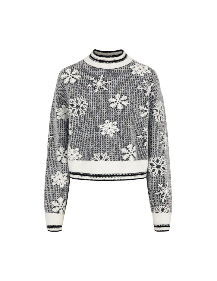 MARYLING Round Neck Snow-Flower Long-Sleeve Jacquard Knitted Cropped Pullover
