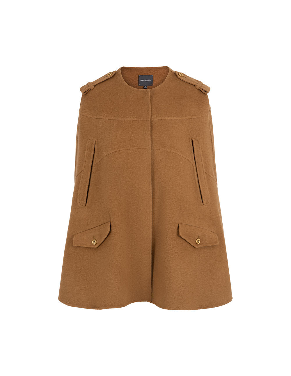 MARYLING Camel Silk Round Collar Cape Jacket