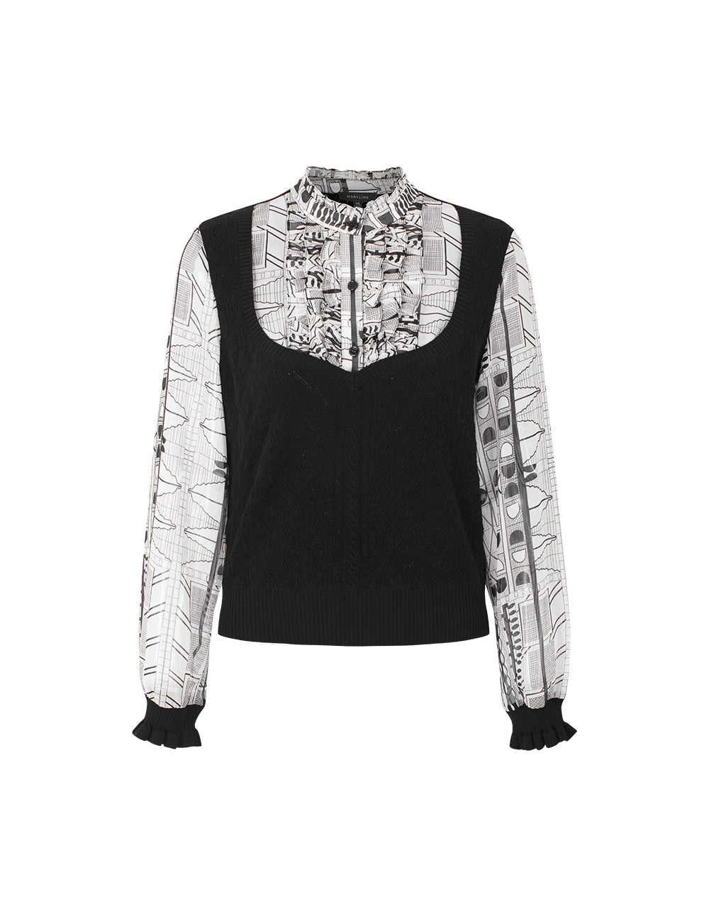 MARYLING Ruffled Turtleneck Printed Knit Long Sleeve Top