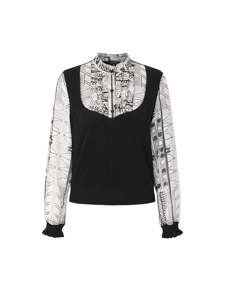 MARYLING Ruffled Turtleneck Printed Knit Long Sleeve Top