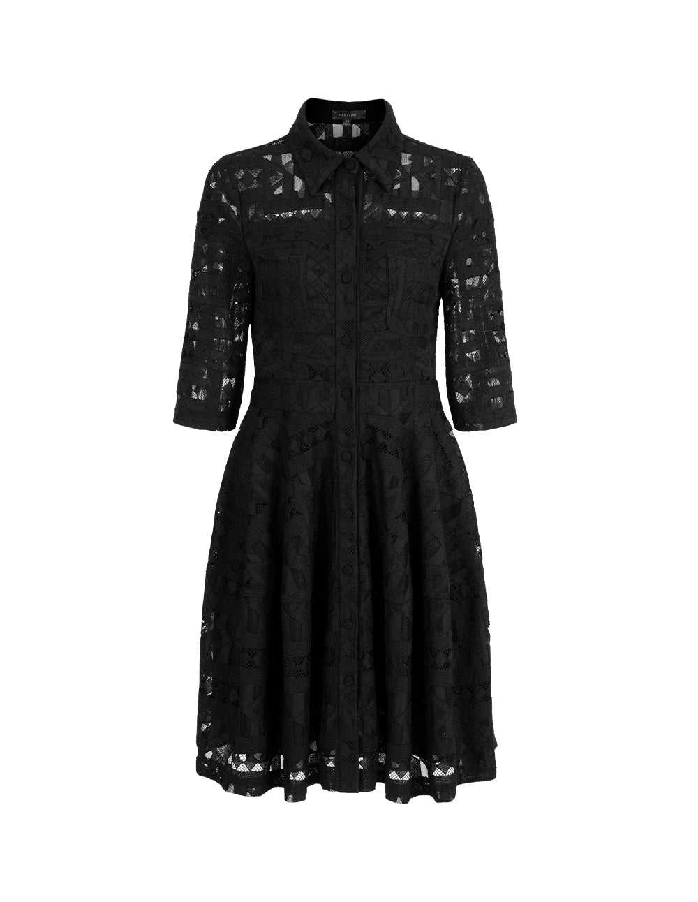 MARYLING Shirt Collar Half-Sleeve Black Lace Dress