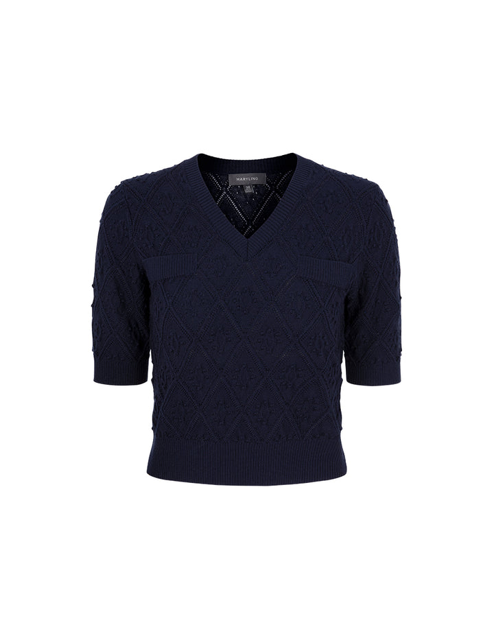 MARYLING V-Neck Short-Sleeve Diamond Check Cardigan