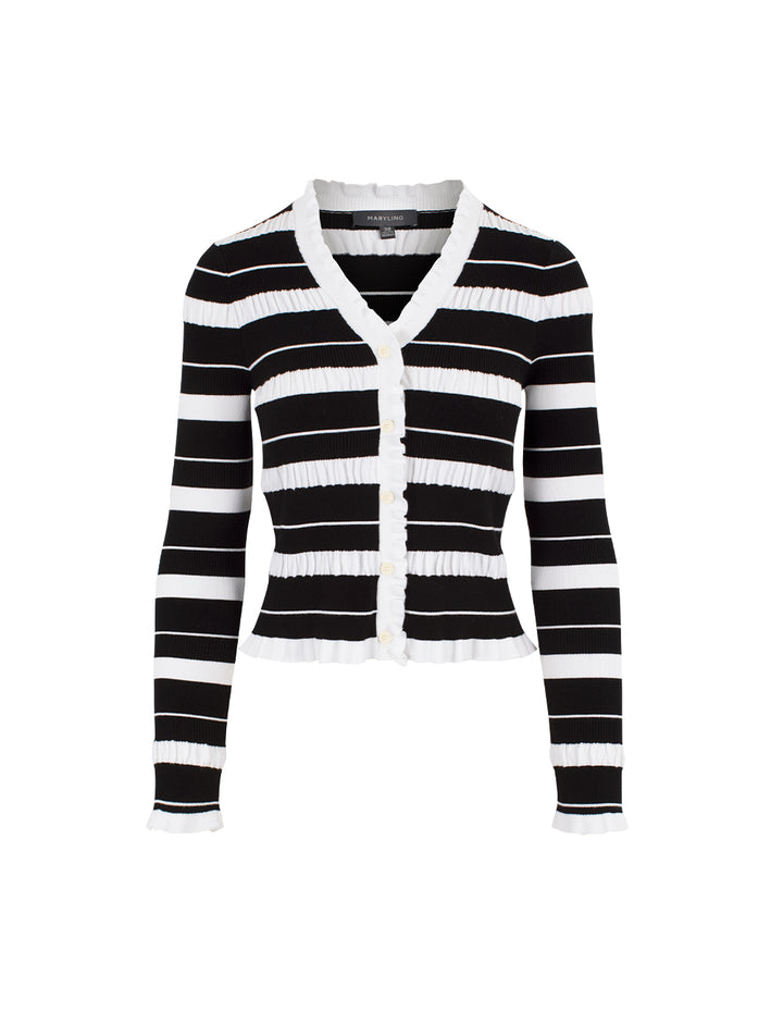 MARYLING V-neck Long-Sleeve Pleated Black And White Striped Contrast knitted cardigan