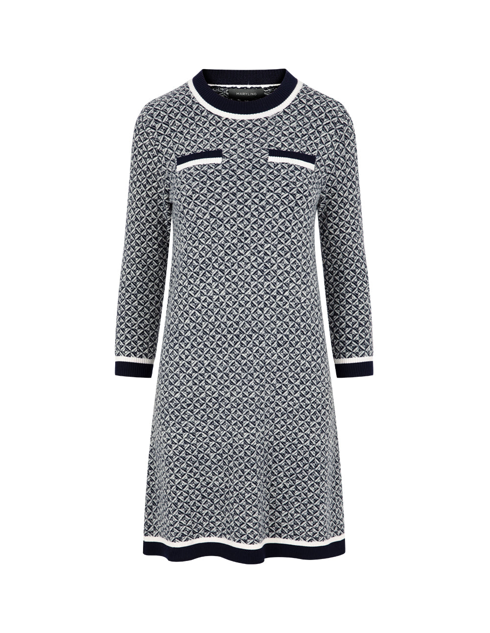 MARYLING Blue & White Trimmed Wool Knit Midi Shift Dress