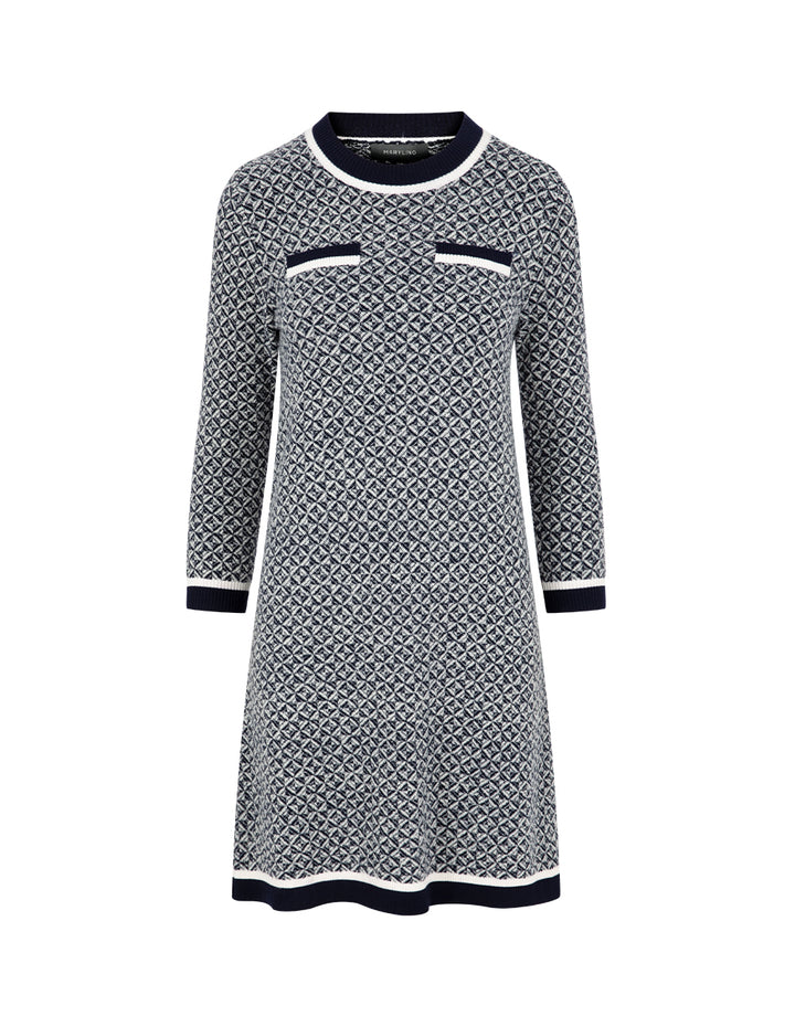 MARYLING Blue & White Trimmed Wool Knit Midi Shift Dress