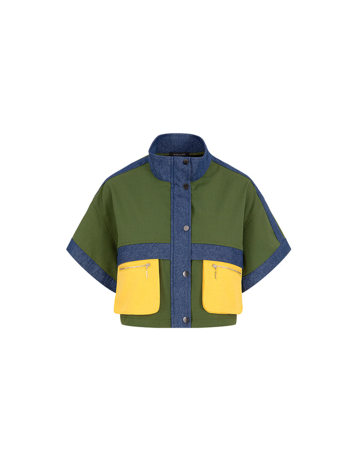 MARYLING Green Denim Patchwork Short-Sleeved Jacket