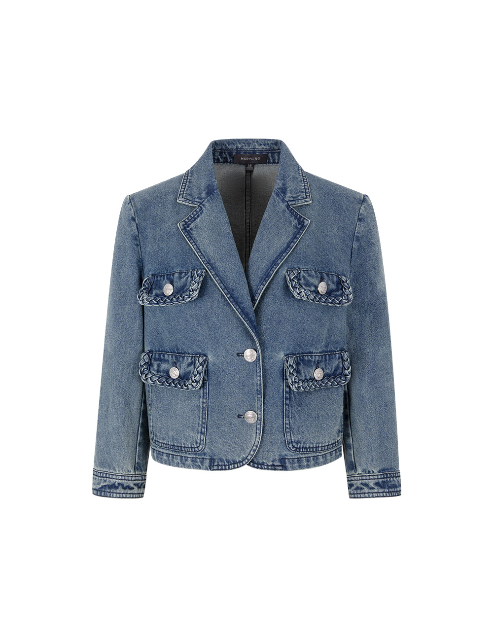 MARYLING Peaked Lapel Long-Sleeved 4-Pockets Wash Denim Jacket