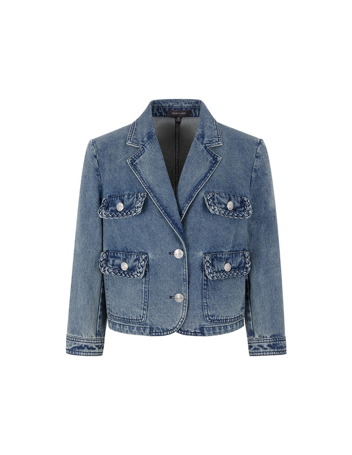 MARYLING Peaked Lapel Long-Sleeved 4-Pockets Wash Denim Jacket