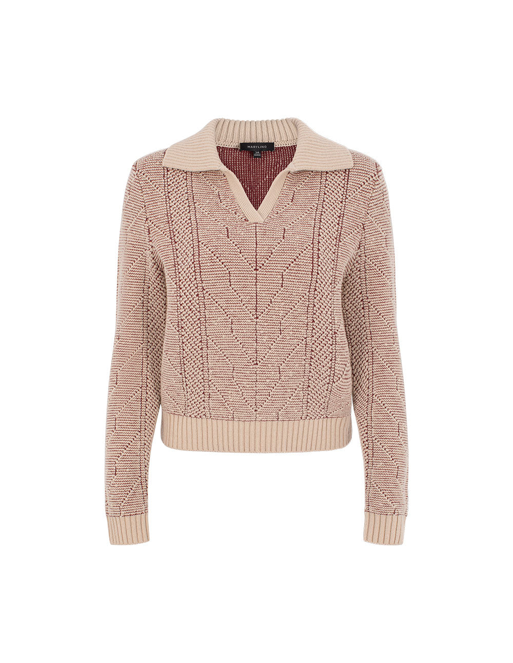 MARYLING Ribbed V-Neck Cable Texture Relaxed Fit Wool Pullover Sweater