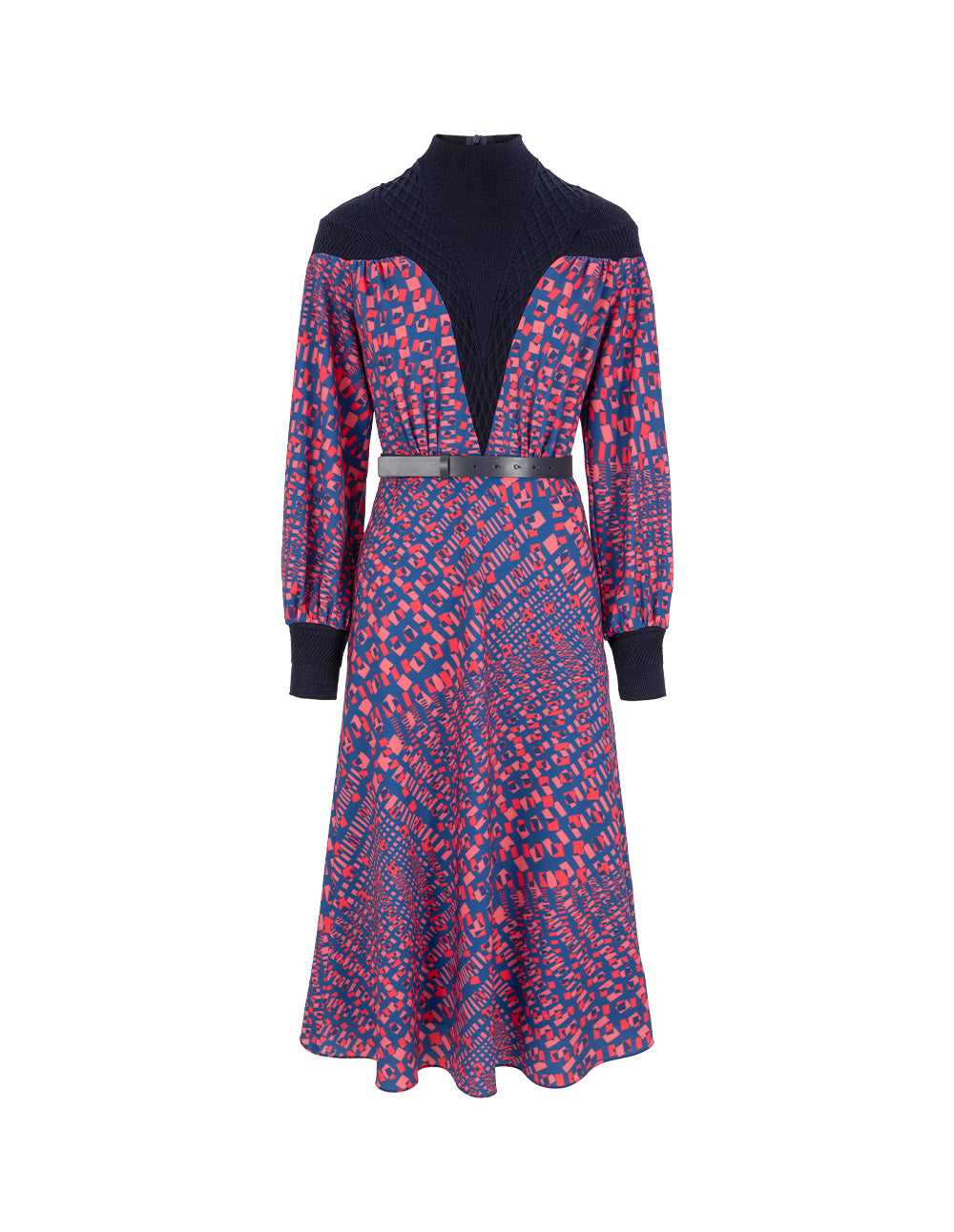 MARYLING Stand Collar Long-Sleeve Printed Patchwork Midi Knitted Dress