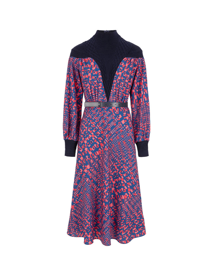 MARYLING Stand Collar Long-Sleeve Printed Patchwork Midi Knitted Dress