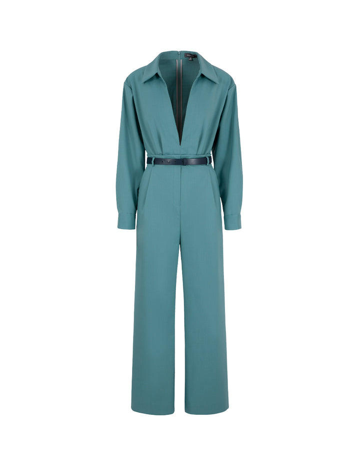 MARYLING Mist Blue Deep V Shirt Collar Wide Leg Jumpsuit
