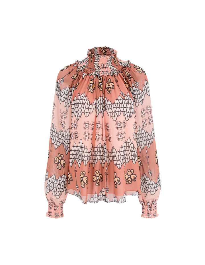 MARYLING Ruffle Turtleneck Long-Sleeve Floral Print Blouse