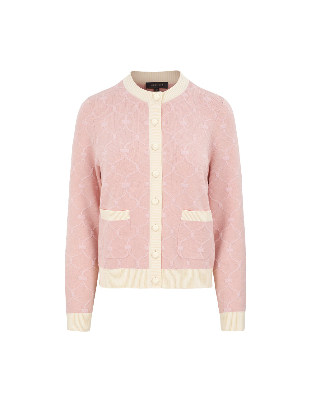 MARYLING Round Neck Long-Sleeve Beige Stripe Trim Knit Cardigan