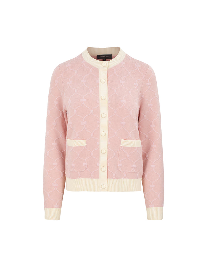 MARYLING Round Neck Long-Sleeve Beige Stripe Trim Knit Cardigan