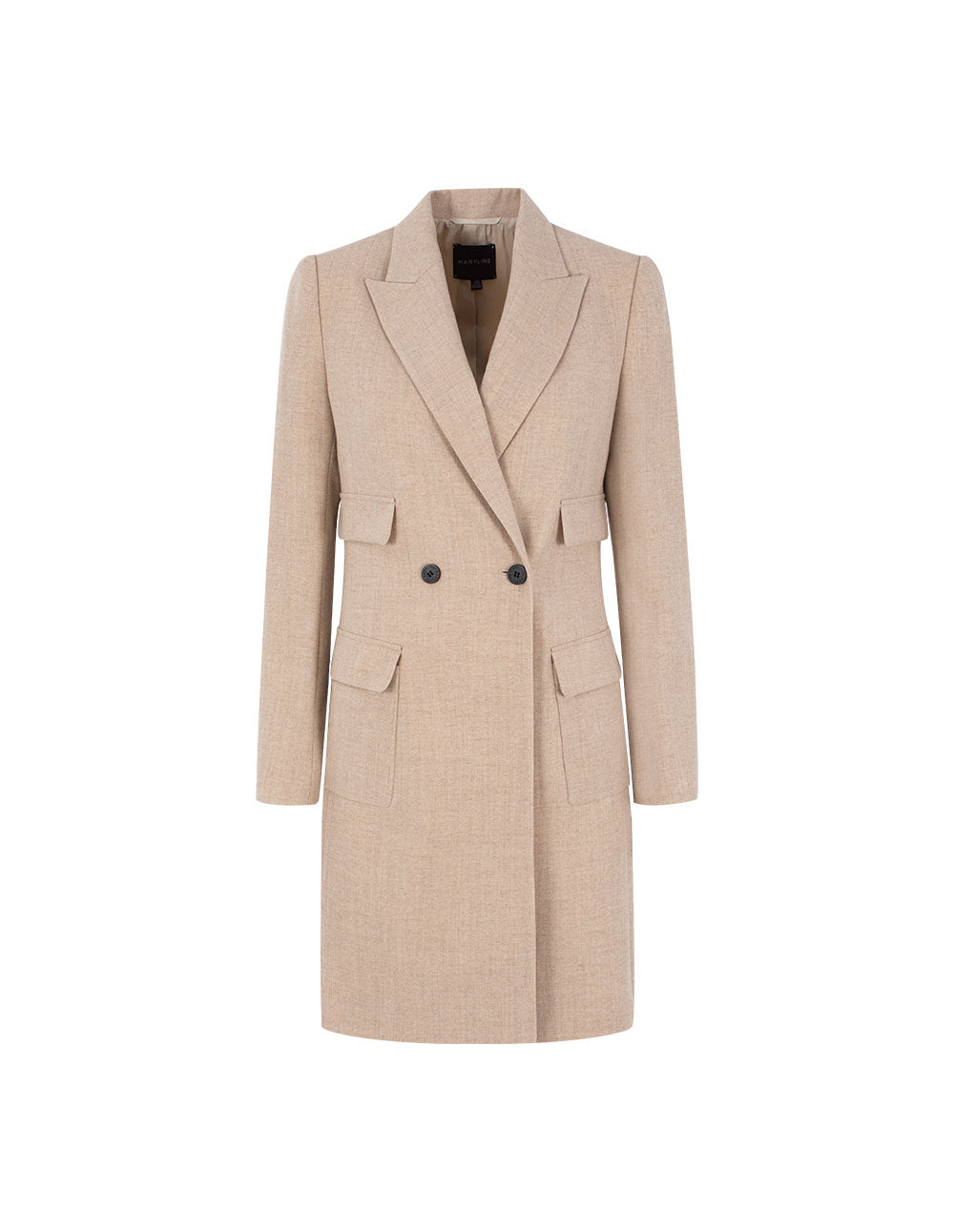MARYLING Peaked Lapel Vintage Double-Breasted Beige Long Wool Coat