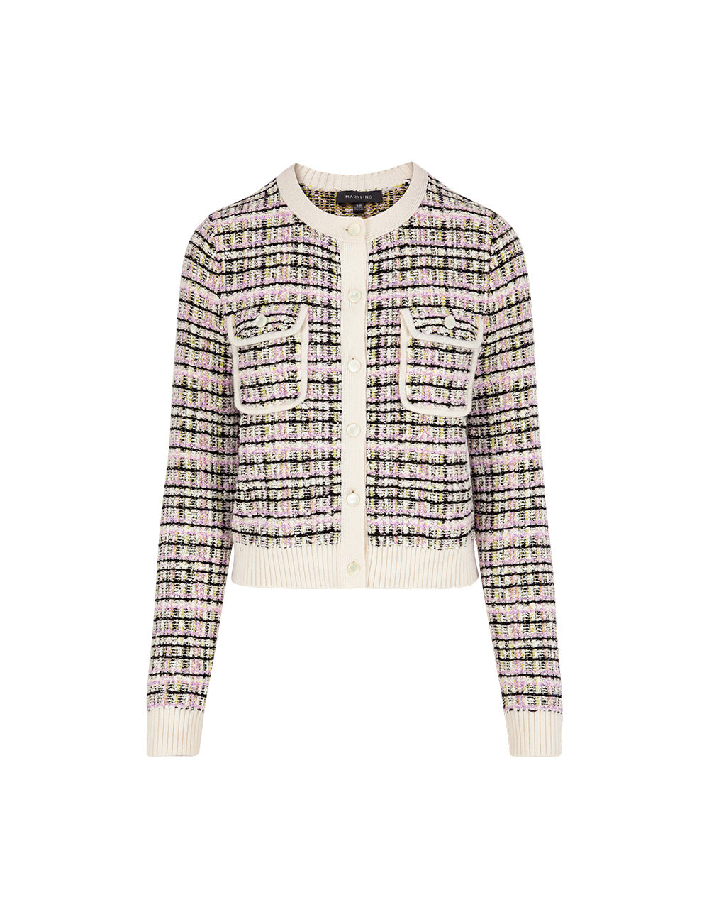 MARYLING Colorful Checkered Round-Neck Long-Sleeve Cropped Knit Cardigan