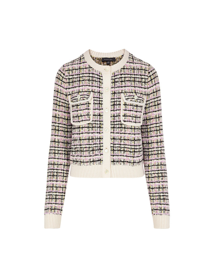 MARYLING Colorful Checkered Round-Neck Long-Sleeve Cropped Knit Cardigan