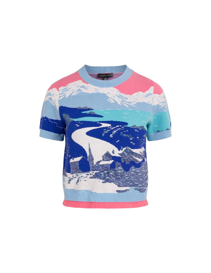 MARYLING Printed Short-Sleeves Jacquard Knitted T-Shirt