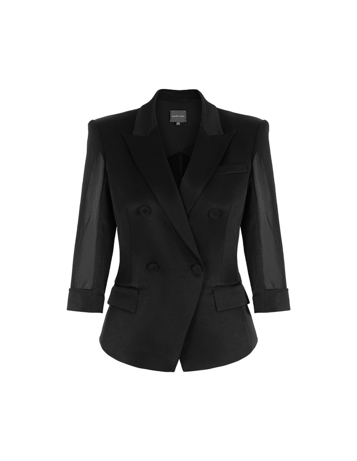 MARYLING Peaked-Collar Padded shoulder See-Through 3/4 Sleeve Blazer