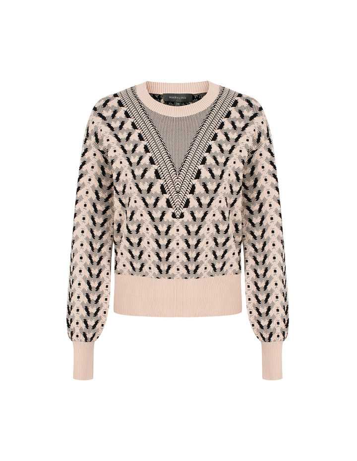 MARYLING Round Neck Bubble Sleeve Printed Cropped Knit Sweater