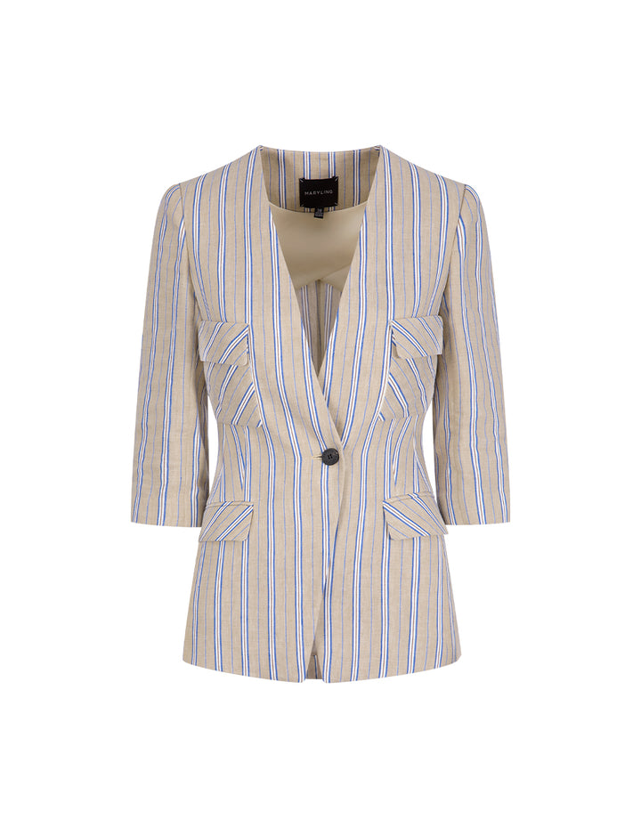 MARYLING Striped Collarless Mid-Length Sleeve Blazer