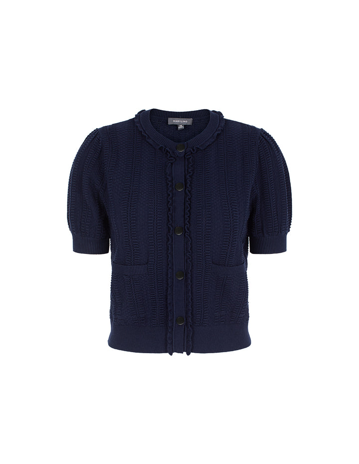 MARYLING Round-Neck Ruffle Short-Sleeve Textured Knit Cardigan