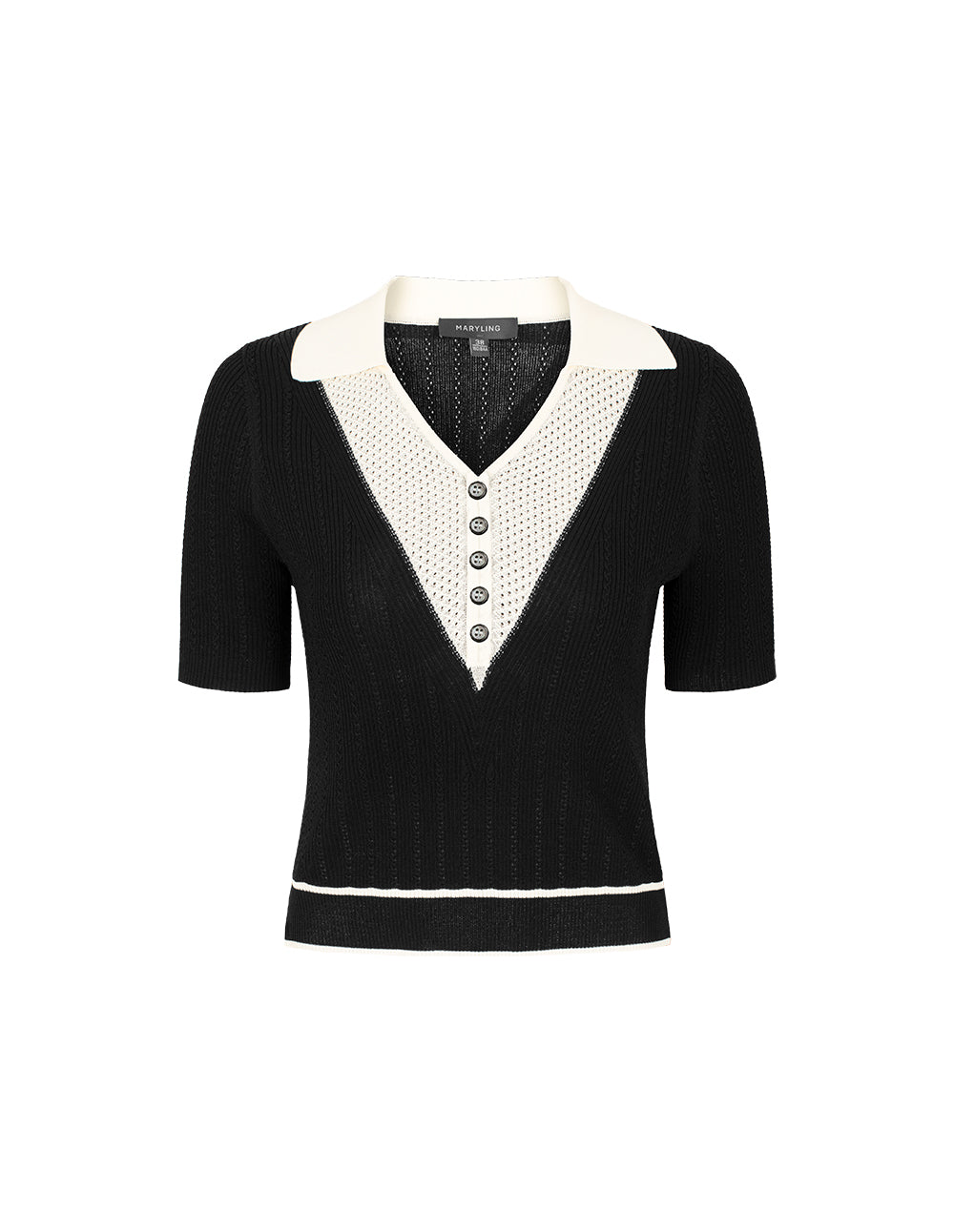 MARYLING Lapel Short-Sleeved Black And White Contrast Knitted Pullover
