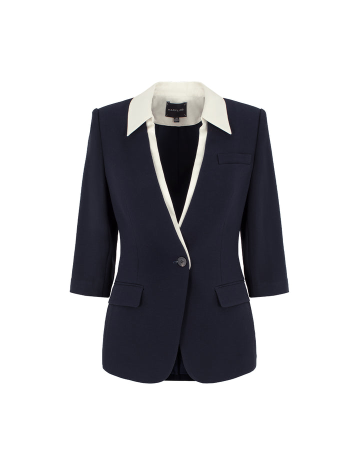 MARYLING Contrasting Fake Two-Piece 3/4 Sleeve Mid-Length Blazer