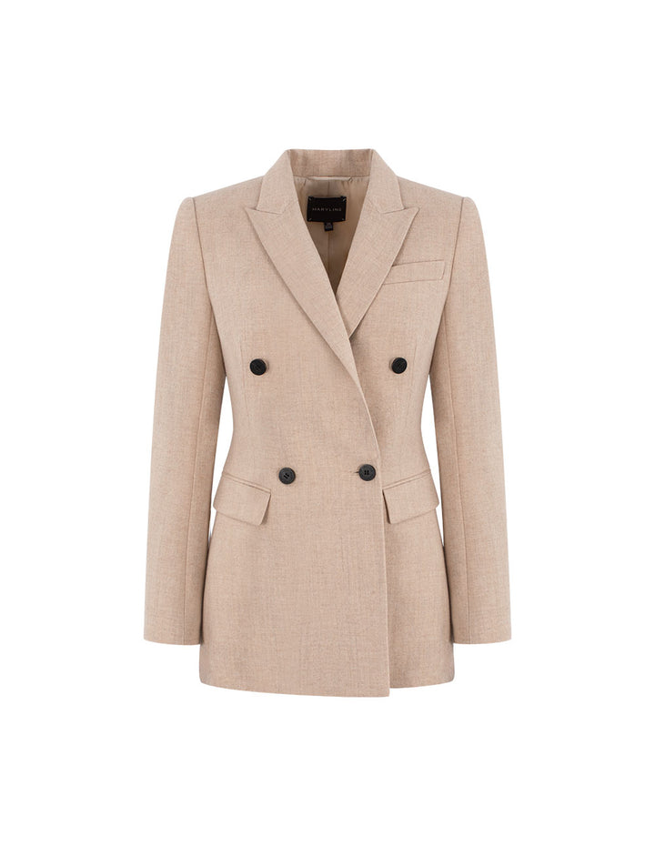 MARYLING Peaked Lapel Double-Breasted Commuter Beige Full Wool Blazer