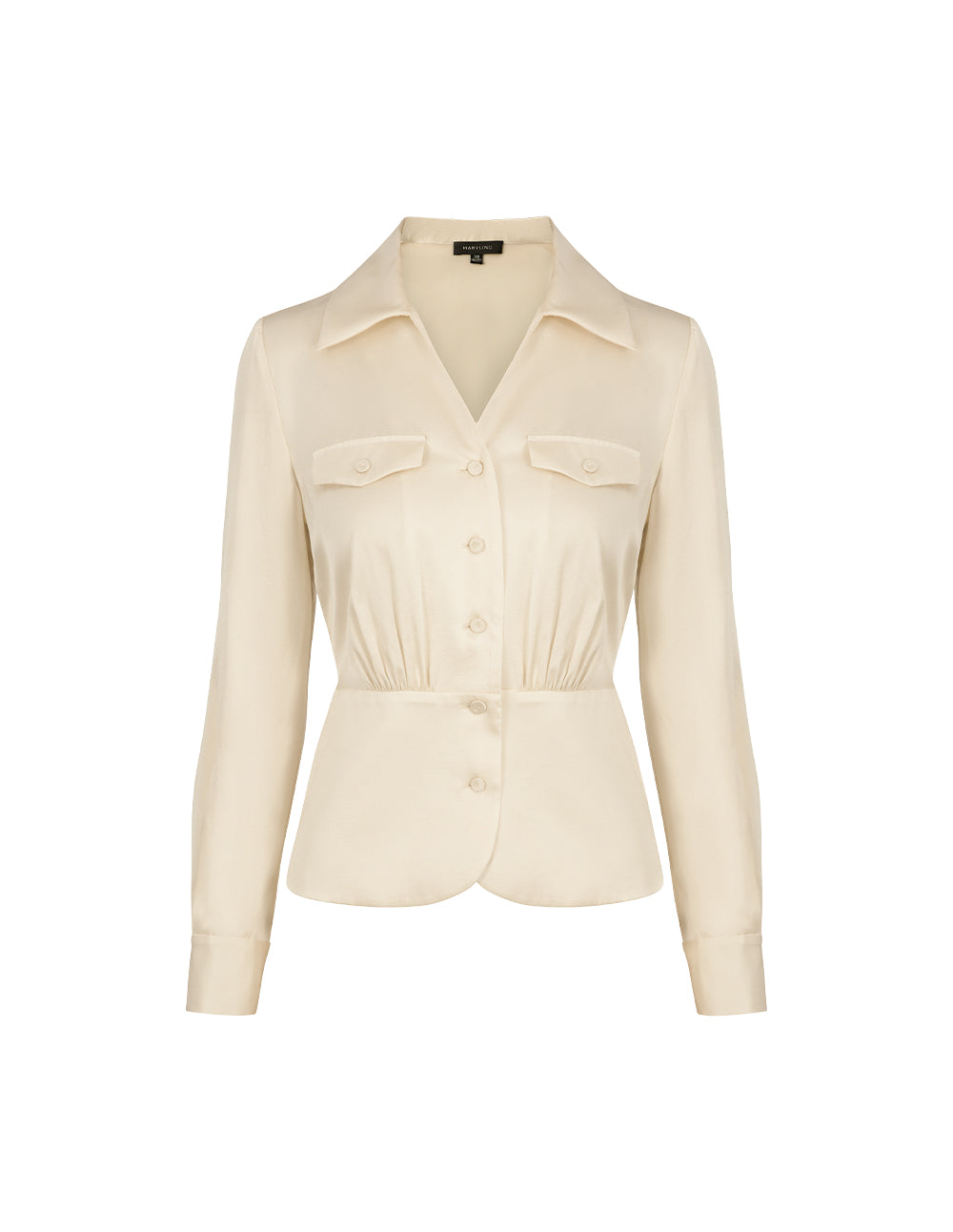 MARYLING V-Shaped Shirt-Collar Waisted Cream Silk Top