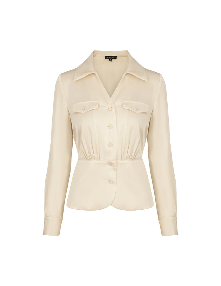 MARYLING V-Shaped Shirt-Collar Waisted Cream Silk Top