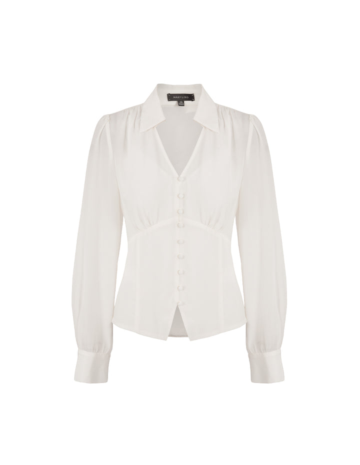 MARYLING V-Shaped Shirt Collar High Waist Slit Silk Top