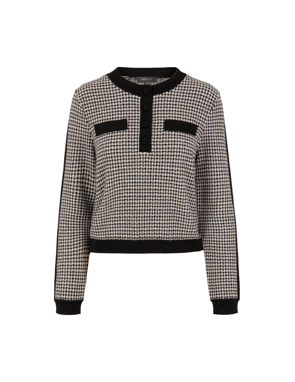 MARYLING Round-Neck Long Sleeve Black And White Houndstooth Knitted Pullover