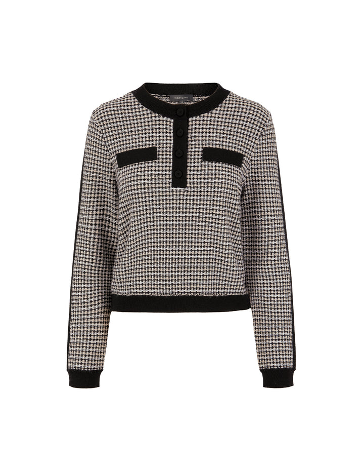 MARYLING Round-Neck Long Sleeve Black And White Houndstooth Knitted Pullover